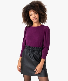 GEMO Tee-shirt femme côtelé à manches longues avec épaules froncées Violet