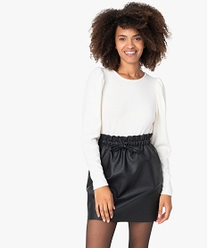 GEMO Tee-shirt femme côtelé à manches longues avec épaules froncées Beige