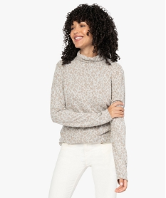 GEMO Pull femme imprimé en maille fine avec col roulé Beige