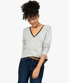 GEMO Tee-shirt femme en maille à col V en dentelle Gris