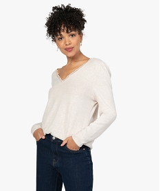GEMO Tee-shirt femme en maille à col V en dentelle Beige