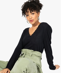 GEMO Tee-shirt femme en maille à col V en dentelle Noir