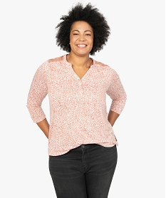 GEMO Tee-shirt femme imprimé avec col V et dentelle Imprimé