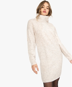 GEMO Robe femme en maille avec grand col roulé Beige