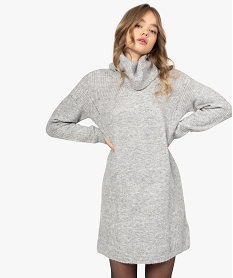 GEMO Robe femme en maille avec grand col roulé Gris