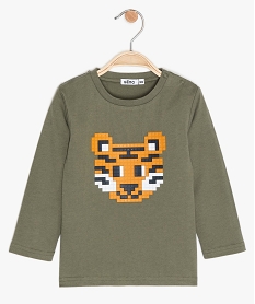 GEMO Tee-shirt garçon à manches longues et motif en relief kaki fonce
