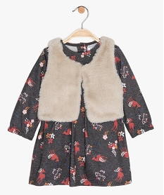 GEMO Ensemble bébé fille 2 pièces : robe + gilet sans manches à motif daims et fleurs Gris