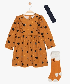 GEMO Ensemble bébé trois pièces : robe + collants + bandeau cheveux Brun