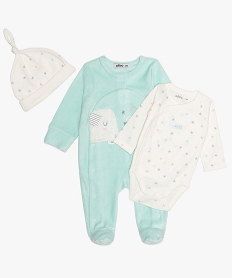 GEMO Ensemble bébé (3 pièces) pyjama velours body et bonnet Vert