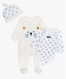 GEMO Ensemble bébé (3 pièces) pyjama velours body et bonnet Beige