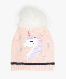 bonnet fille avec motif licorne en sequins et pompons roseB079401_1