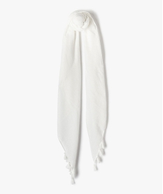 foulard femme uni en maille texturee et finitions pompons blanc standard autres accessoiresB090501_1