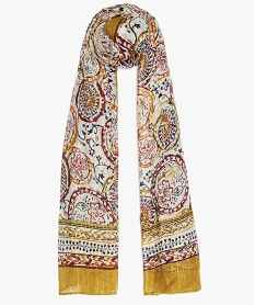 foulard femme a fins motifs multicolores et rayures pailletees jauneB091101_1
