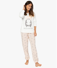 pyjama femme en maille peluche avec motif pingouin beigeB118001_1
