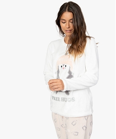 pyjama femme en maille peluche avec motif pingouin beigeB118001_2