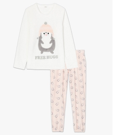 pyjama femme en maille peluche avec motif pingouin beigeB118001_4