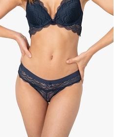 GEMO Culotte femme en dentelle avec taille élastiquée en microfibre Bleu