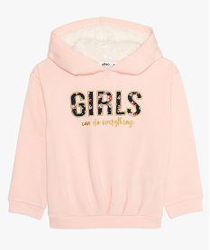 sweat fille avec inscription brodee et capuche doublee sherpa roseB161401_1