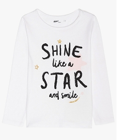 GEMO Tee-shirt fille à manches longues avec inscription et paillettes blanc standard