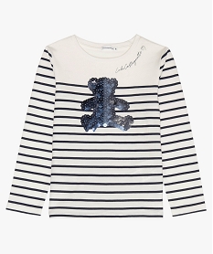 GEMO Tee-shirt fille rayé à motif sequins - Lulu Castagnette blanc chine