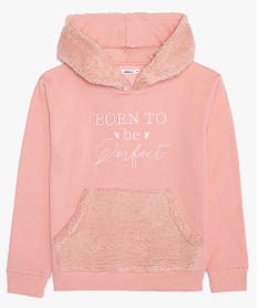 sweat fille avec poche kangourou et capuche en matiere peluche rose sweatsB185201_1