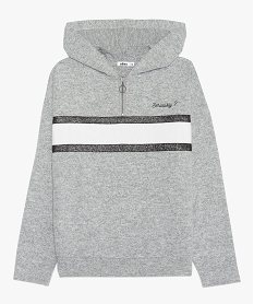 sweat fille en maille tricot chine a capuche et rayures gris sweatsB185301_1