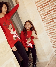 GEMO Pull fille spécial Noël avec motif renne et pompons Rouge