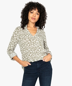 GEMO Blouse femme fluide à motifs et col v à boutons marron chine