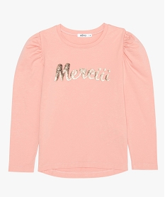 GEMO Tee-shirt fille à manches longues avec inscription en relief Rose