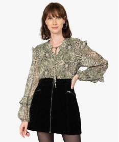 GEMO Blouse femme à motifs fleuris avec volants sur les manches Imprimé