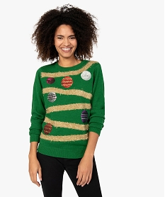 GEMO Pull de Noël femme à motifs guirlandes et boules décoratives Vert