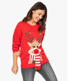 GEMO Pull de Noël femme avec motif renne et pompons Rouge