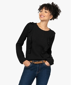 GEMO Tee-shirt femme à manches longues en maille fantaisie Noir