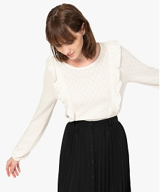 GEMO Tee-shirt femme à manches longues en maille fantaisie Beige