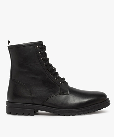 GEMO Boots homme style rangers à lacets dessus cuir uni noir vif