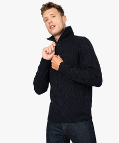 pull homme en maille torsadee a col montant zippe bleuB226501_1