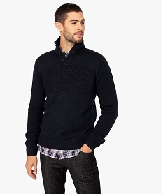 GEMO Pull homme en maille fantaisie et col montant boutonné Bleu