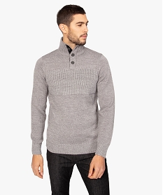 GEMO Pull homme en maille fantaisie et col montant boutonné Gris