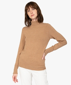GEMO Pull femme à col roulé et boutons sur les poignets marron vif