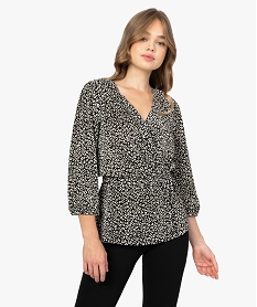 GEMO Tee-shirt femme plissé à manches 34 et décolleté cache-cœur Imprimé