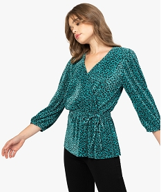 GEMO Tee-shirt femme plissé à manches 34 et décolleté cache-cœur Imprimé