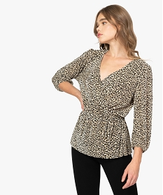 GEMO Tee-shirt femme plissé à manches 34 et décolleté cache-cœur Imprimé