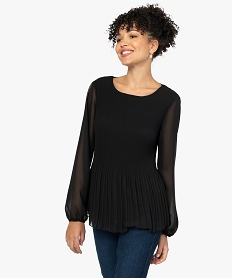 GEMO Blouse femme en maille plissée avec manches en voile Noir