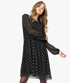 GEMO Robe femme en voile plissé à manches longues Imprimé