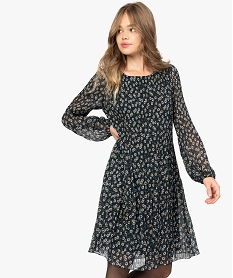 GEMO Robe femme en voile plissé à manches longues Imprimé