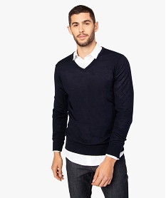 pull homme en laine fine merinos avec col v bleuB254801_1