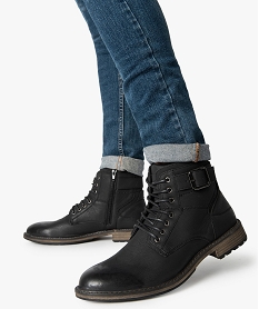 GEMO Boots homme unis zippés avec lacets et boucle décorative noir vif