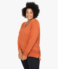 GEMO Pull femme en maille fine avec col en v et pressions sur les côtés Orange