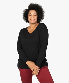 pull femme en maille fine avec col en v et pressions sur les cotes noir pulls et giletsB271701_1