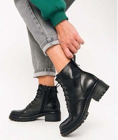 GEMO Boots femme dessus cuir uni à lacets et semelle crantée noir standard
